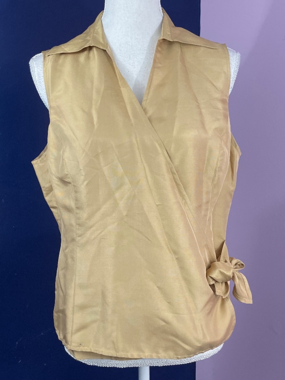 100% Silk Wrap Sleeveless Blouse 12 Gold Champagne Satin Tie Side Collared